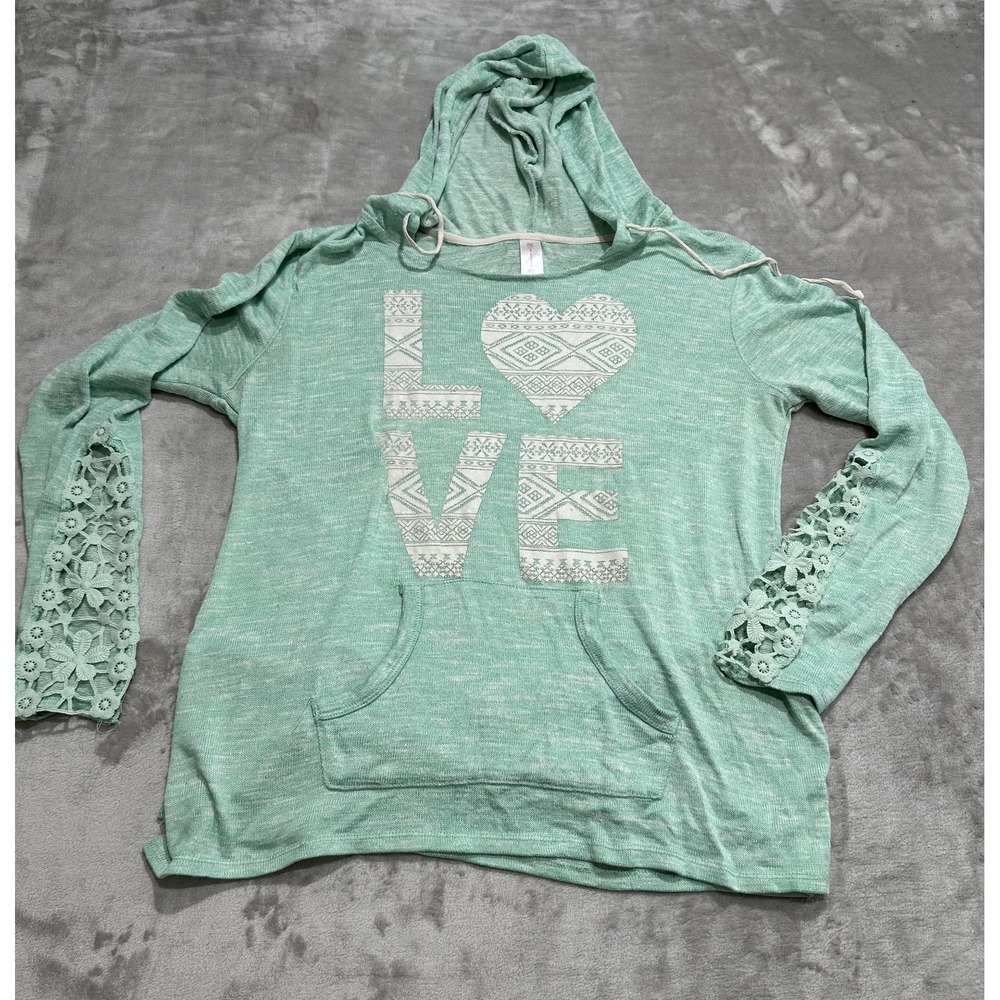 No Boundaries Hooded‎ Sweater Women's Size 15/17 XL Mint Green Lace Sleeves EUC